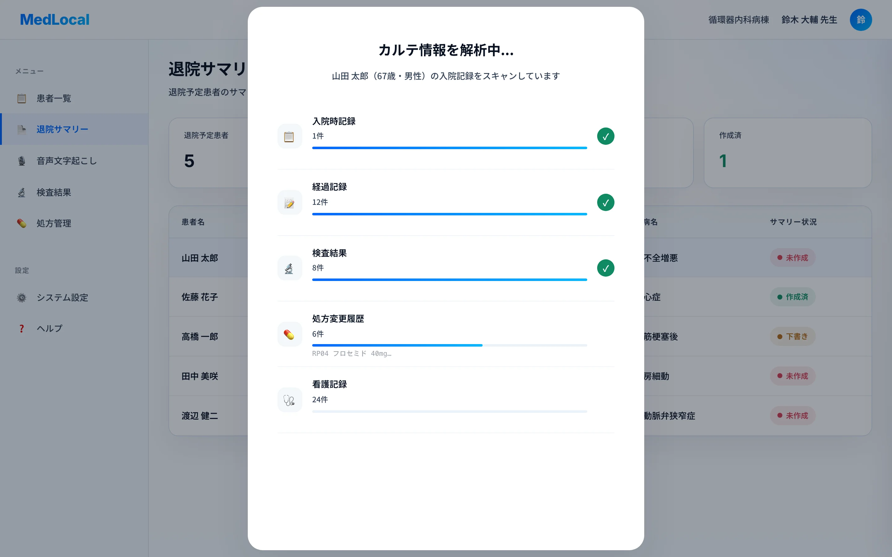 入院記録・経過・検査・処方・看護の各カテゴリを順次取得している進捗表示